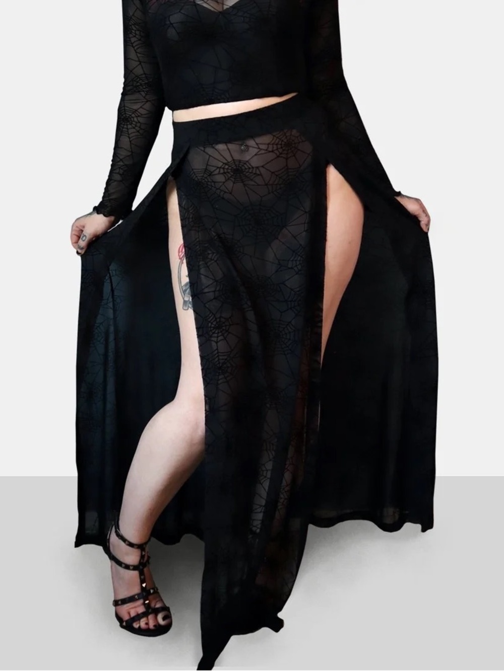 Forest Ink Spiderweb M-Line Maxi Mesh Sheer Skirt Sexy Pinup Goth Alternative - Picture 3 of 8